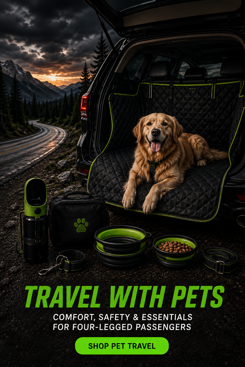 Dog riding in a vehicle with travel gear for a road trip
