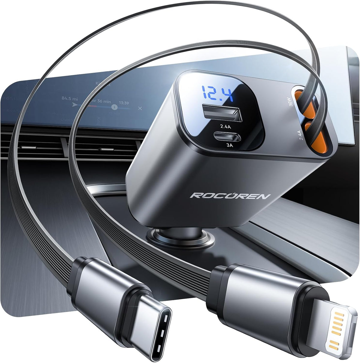 69W Retractable 4-in-1 Car Charger with USB-C & Lightning