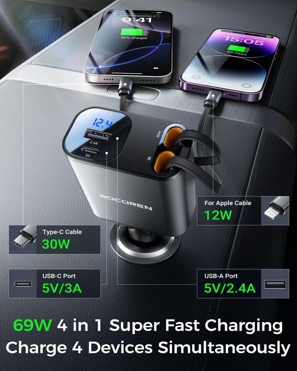 69W Retractable 4-in-1 Car Charger with USB-C & Lightning