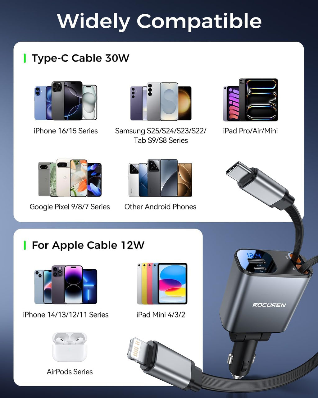 69W Retractable 4-in-1 Car Charger with USB-C & Lightning