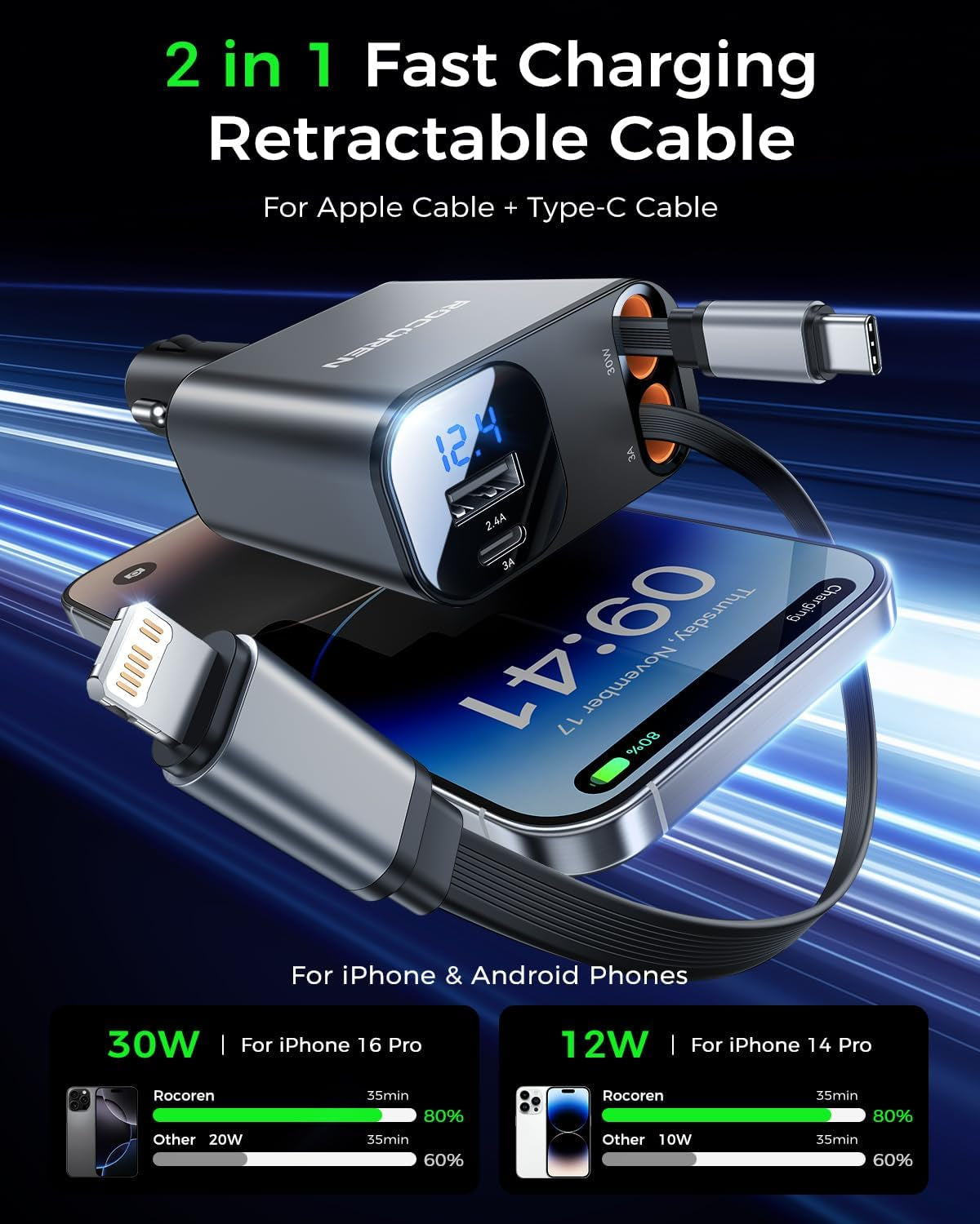 69W Retractable 4-in-1 Car Charger with USB-C & Lightning