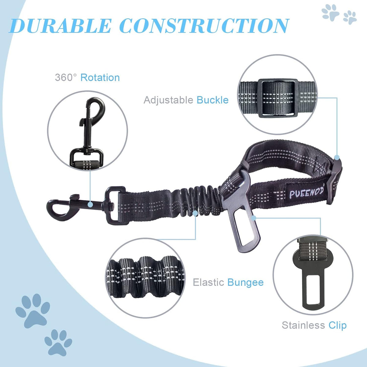 Adjustable Dog Car Seat Belt with Bungee Buffer – 2 Pack