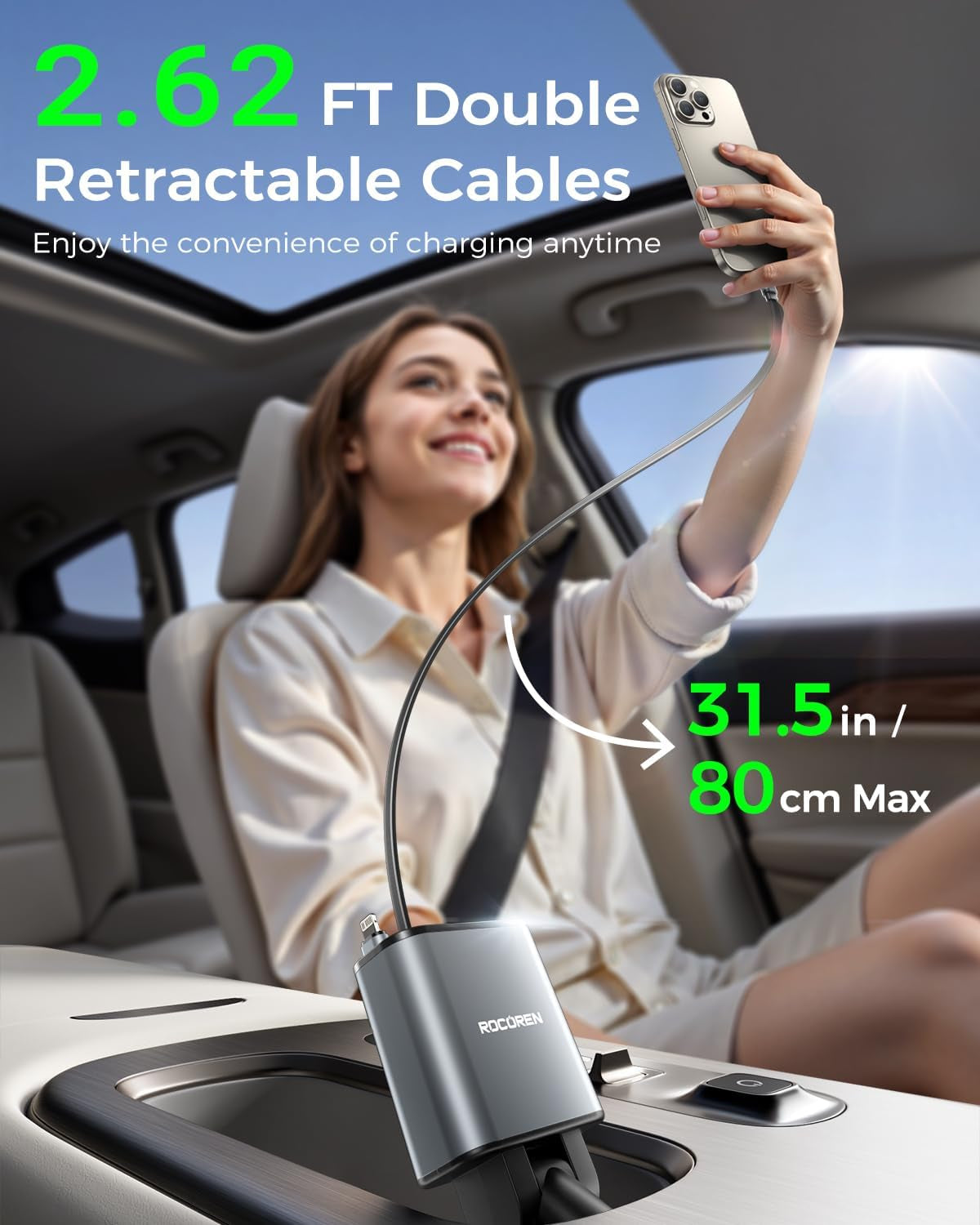 69W Retractable 4-in-1 Car Charger with USB-C & Lightning
