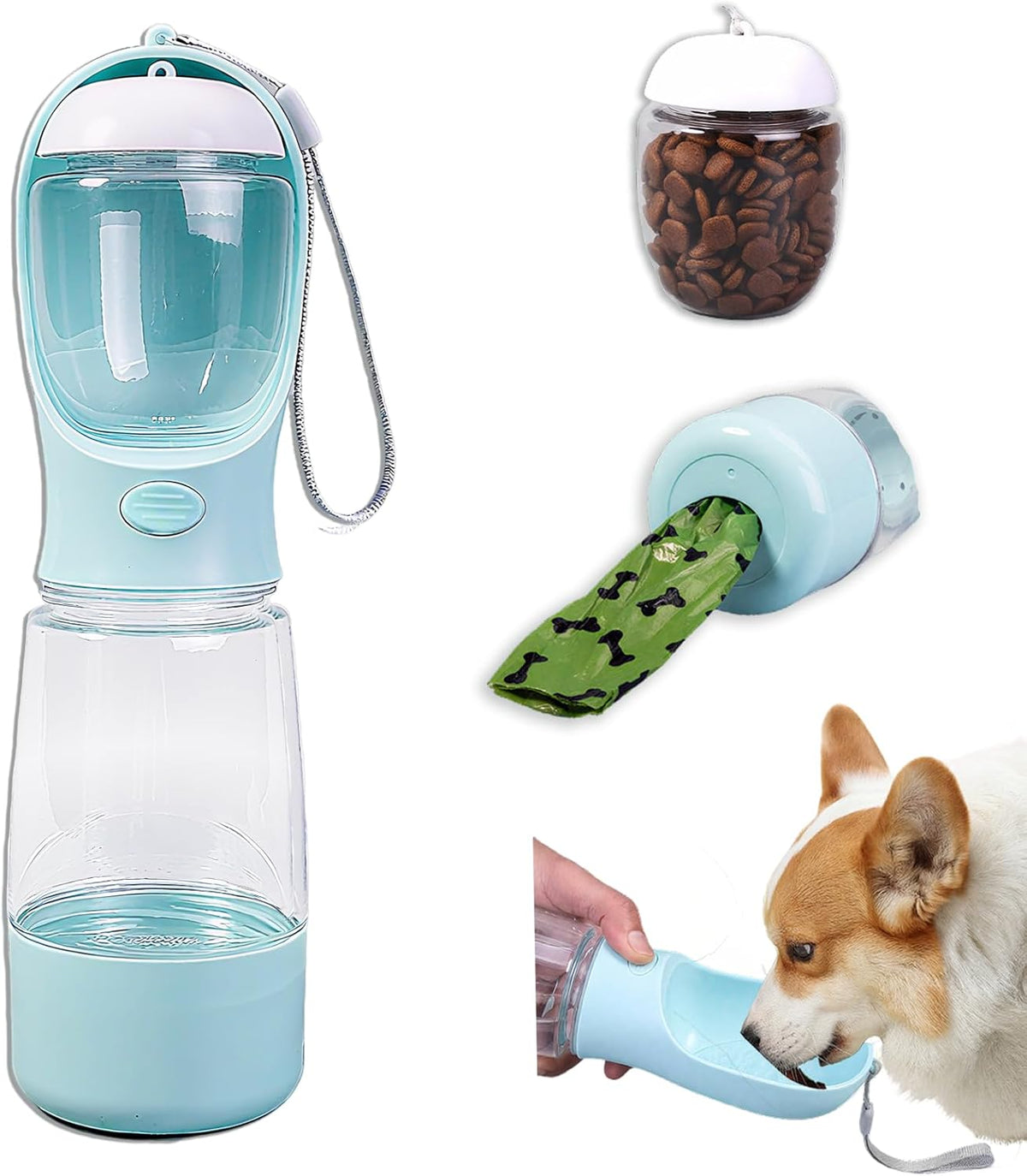 3-in-1 Portable Dog Water Bottle, Food Container & Waste Bag Dispenser