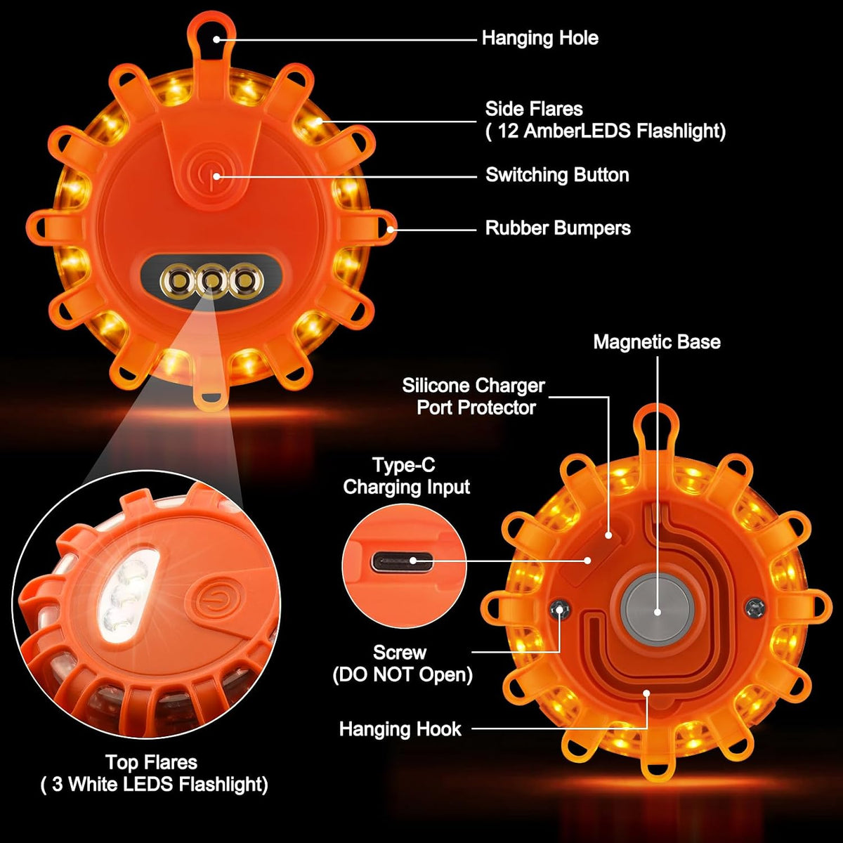 Rechargeable LED Road Flares – 4 Pack Magnetic Emergency Beacons