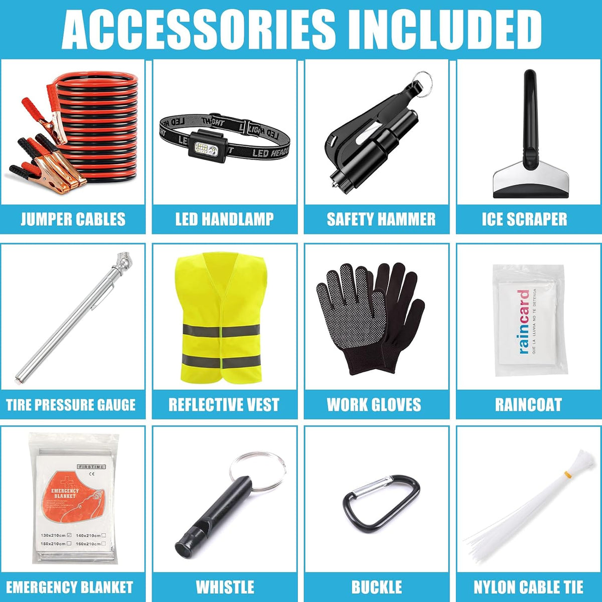 56-Piece Roadside Emergency Car Safety Kit with Jumper Cables