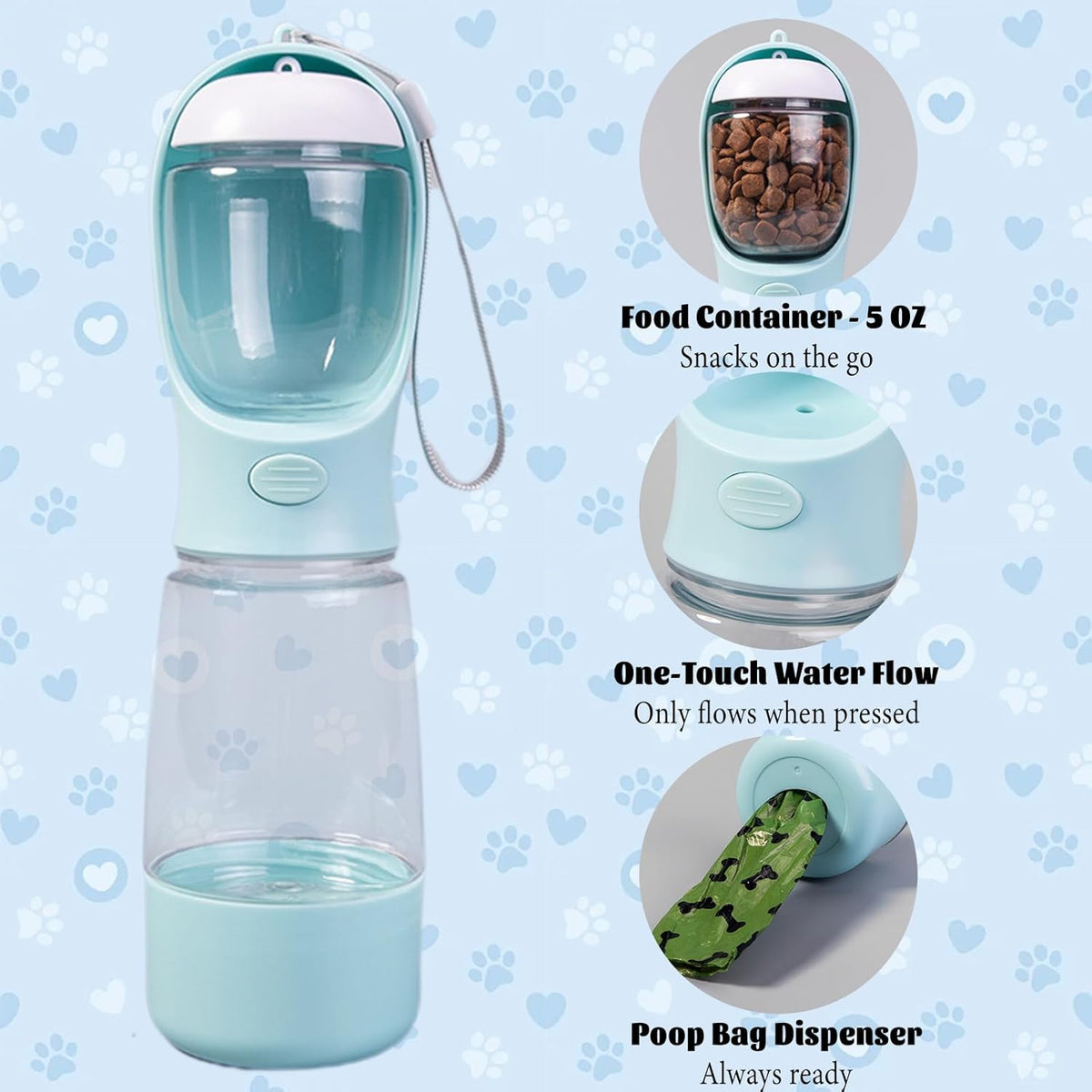 3-in-1 Portable Dog Water Bottle, Food Container & Waste Bag Dispenser