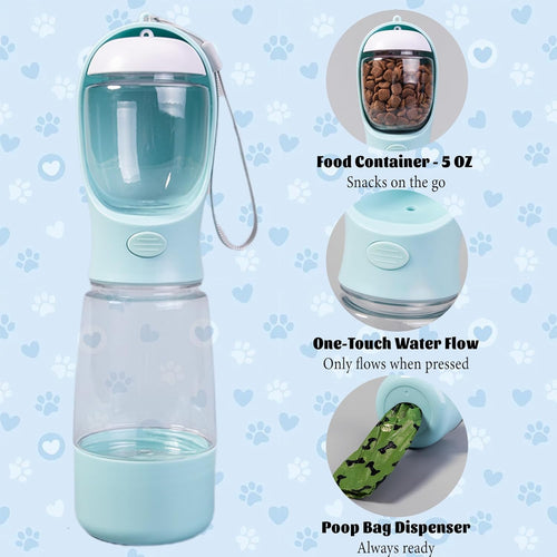 3-in-1 Portable Dog Water Bottle, Food Container & Waste Bag Dispenser