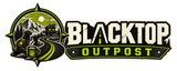 Blacktop Outpost logo featuring a road, outpost, coffee mug, and traveling dog