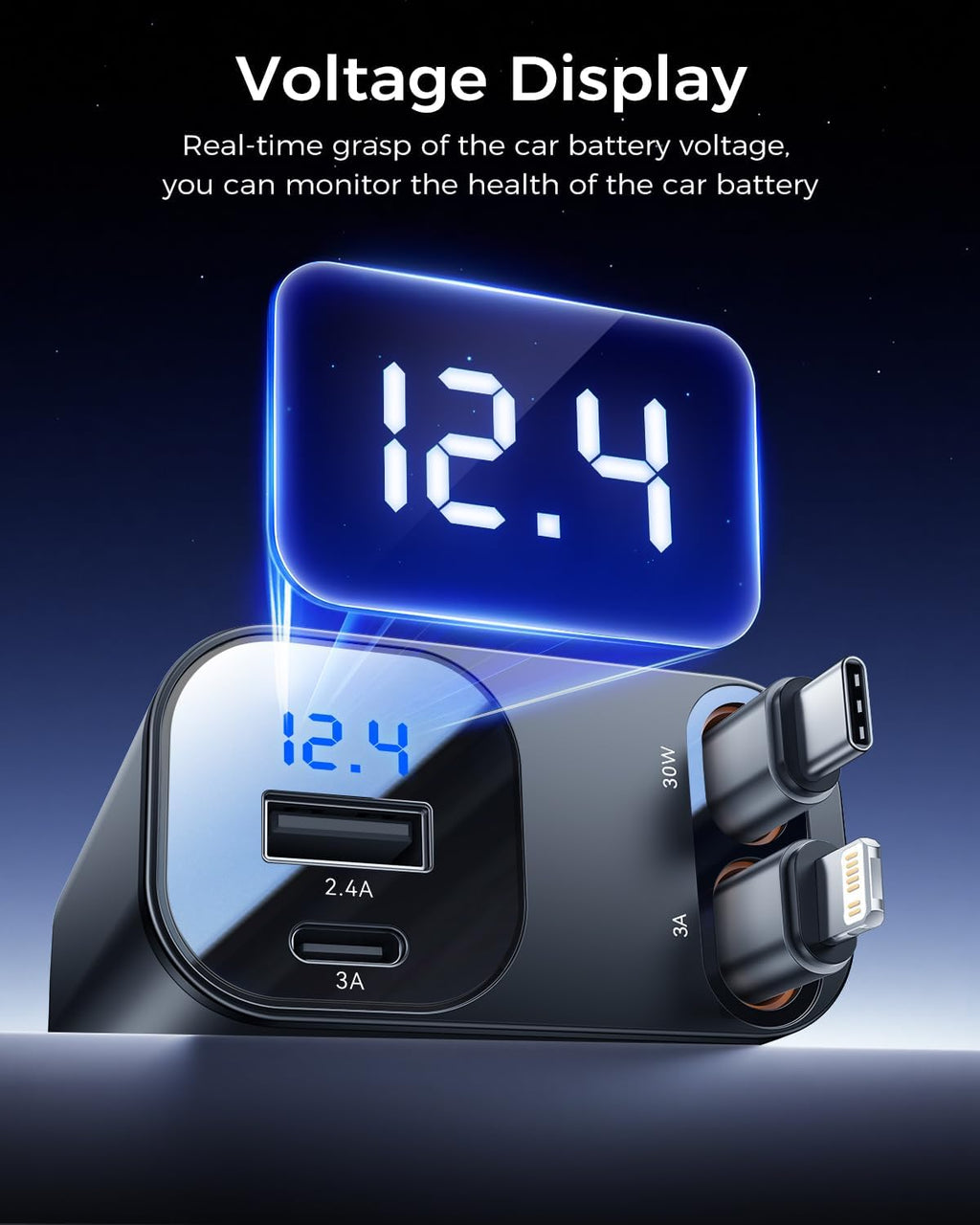 69W Retractable 4-in-1 Car Charger with USB-C & Lightning