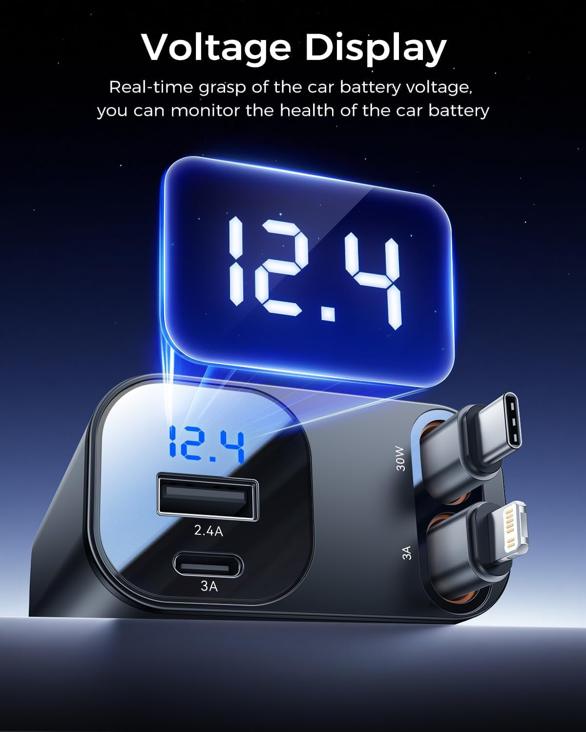 69W Retractable 4-in-1 Car Charger with USB-C & Lightning