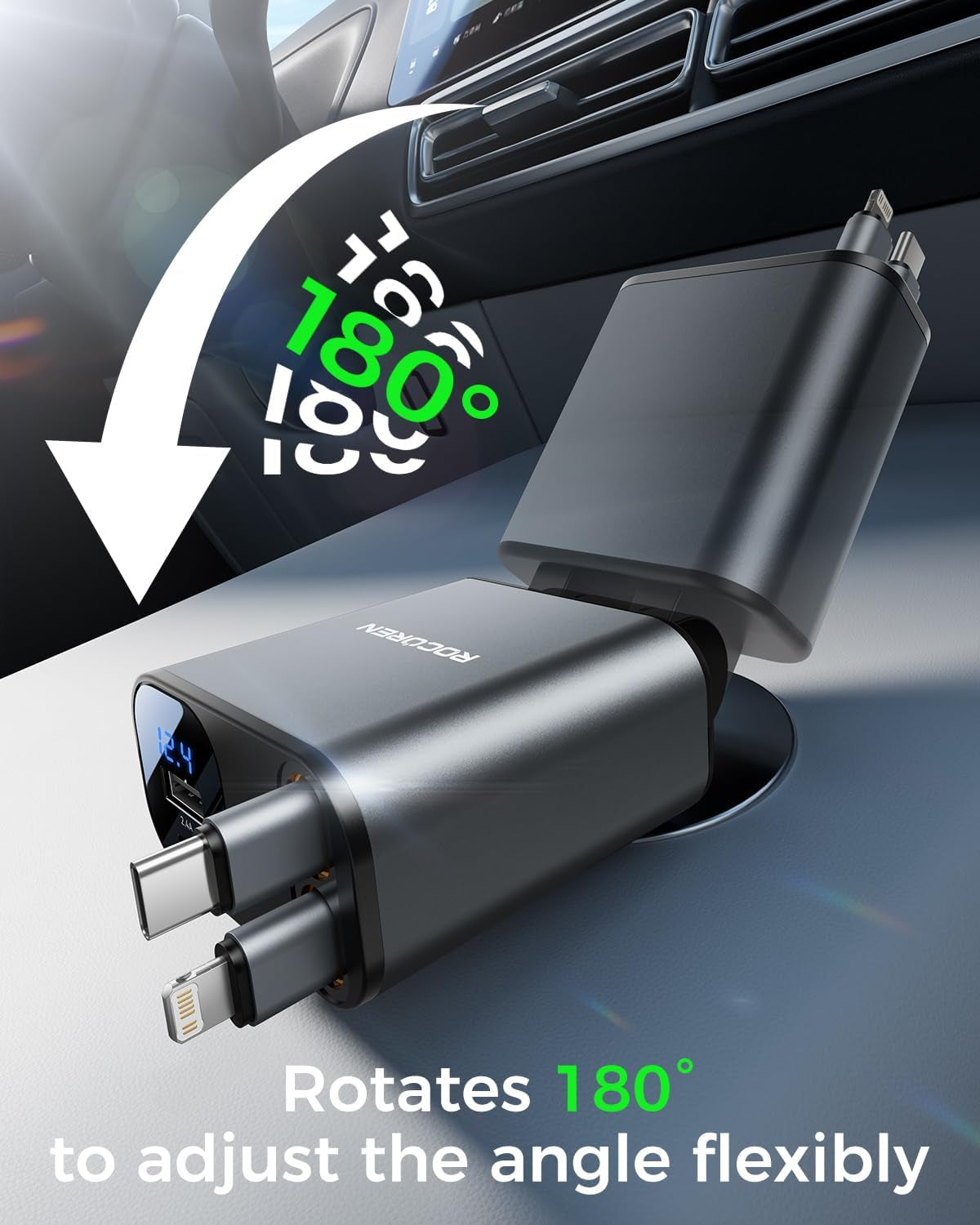 69W Retractable 4-in-1 Car Charger with USB-C & Lightning