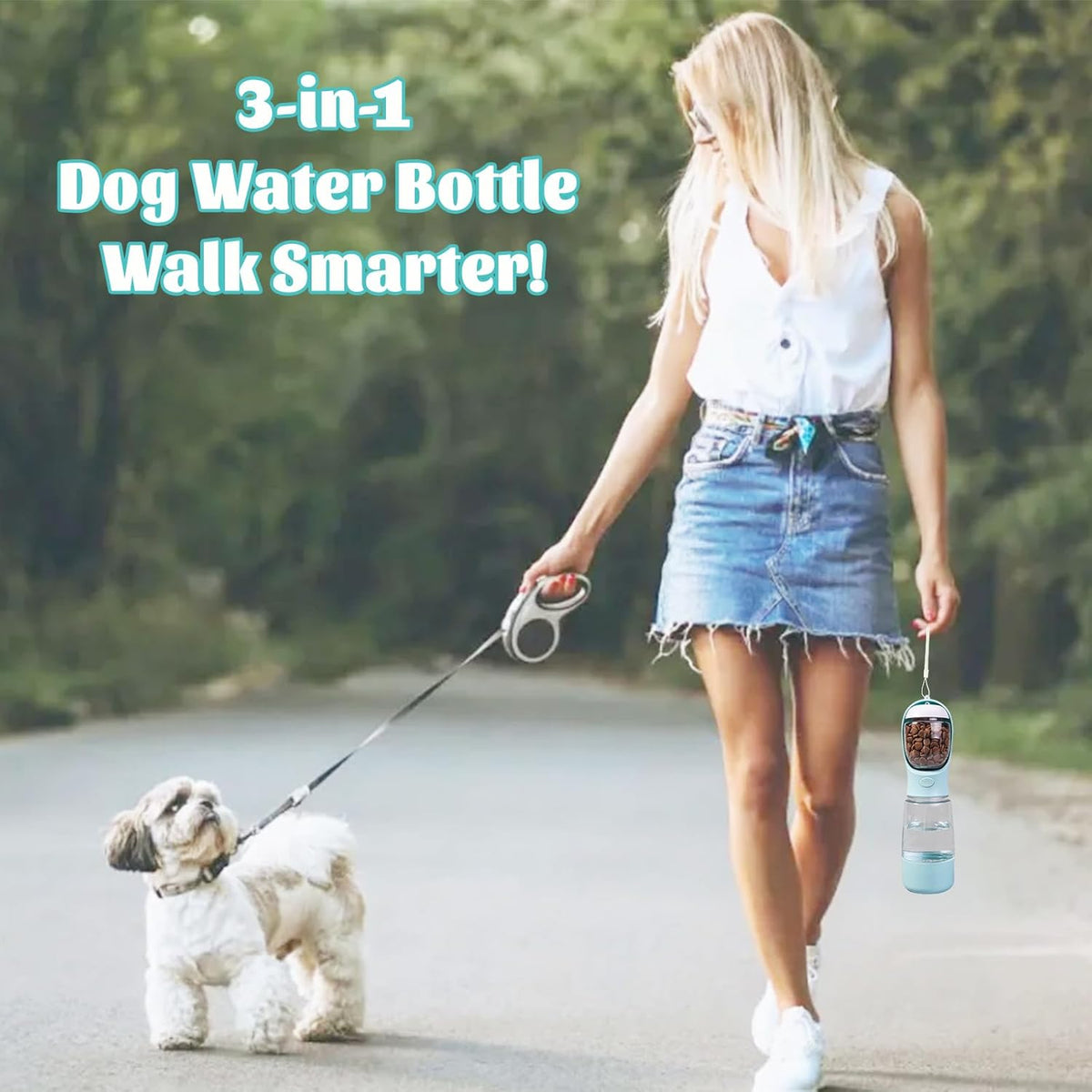 3-in-1 Portable Dog Water Bottle, Food Container & Waste Bag Dispenser